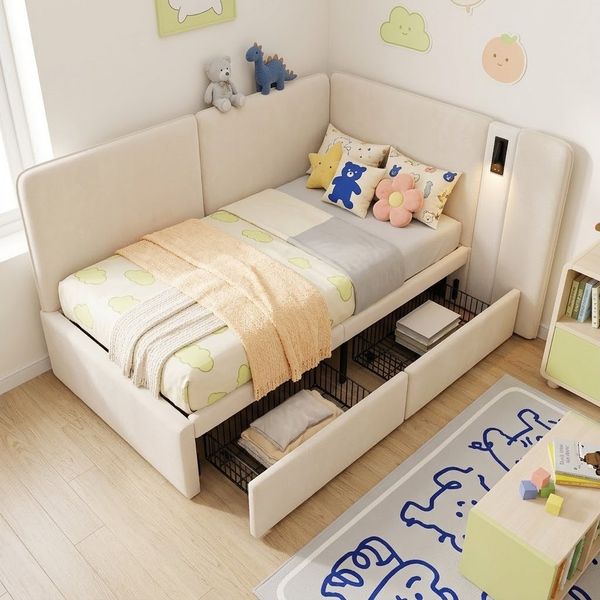 Flieks Polsterbett, Kinderbett Daybett 90x200 cm mit 2 Schubladen Aufladen Leselampe