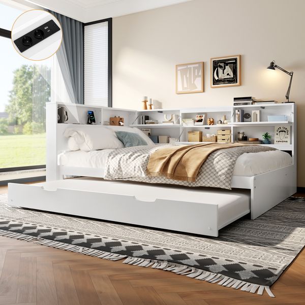 Daybett 140x200 cm mit ausziehbarem Rollbett und Stauraum – Multifunktionales Schlafsofa mit L-förmigem Kopfteilregal