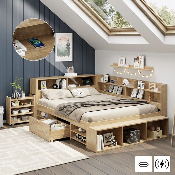 Kinderbett, Stauraumbett, 140 x 200 cm, Einzelbett, multifunktionales Kinderbett mit Nachttisch, Schubladen, Regalen, Stauraumschrank, mit kabelloser Aufladung, ohne Matratze, Natur