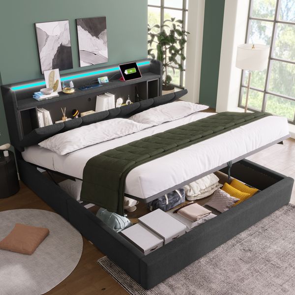 Polsterbett 140x190 cm ohne Matratze, grau, mit Stauraum-Kopfteil, Steckdosen, USB-C, RGBW-LED und Bettkasten