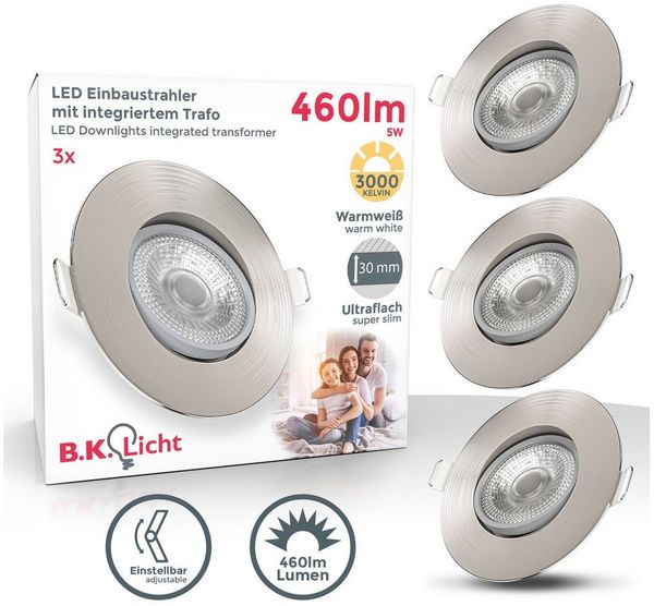 B.K.Licht LED Einbaustrahler SET Einbauleuchten 90mm dimmbar 230V ultra-flach schwenkbar, Ohne Dimmfunktion, LED fest integriert, 3000K - Warmweiß, 6x dimmbare Einbauspots Decke schwenkbar Wohnzimmer Büro - BKL1285