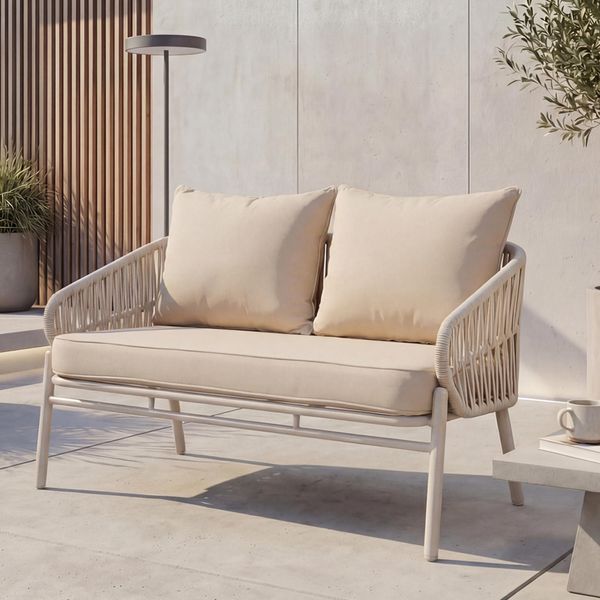 Aluminium-Gartenbank HWC-P90, Gartensofa Sitzbank Outdoor, Seilgeflecht Rope Stoff/Textil (180g/m²) ~ creme