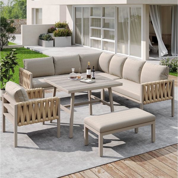 Celya Gartenlounge-Set Gartenmöbelset, Seilgartenmöbelset mit verzinktem Eisengestell, (Tischplatte aus gehärtetem Glas, inklusive aller Sitz- und Rückenkissen, beige), verstellbare Beine, Ecksofa