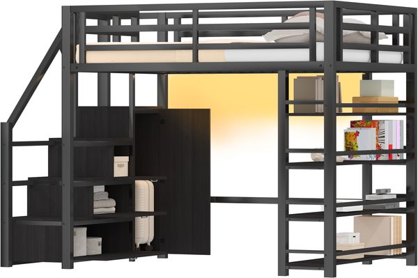 140x200 Metall-Hochbett mit Ablagefächern, Schränken und Kleiderschrank, LED-Beleuchtung, Schwarz