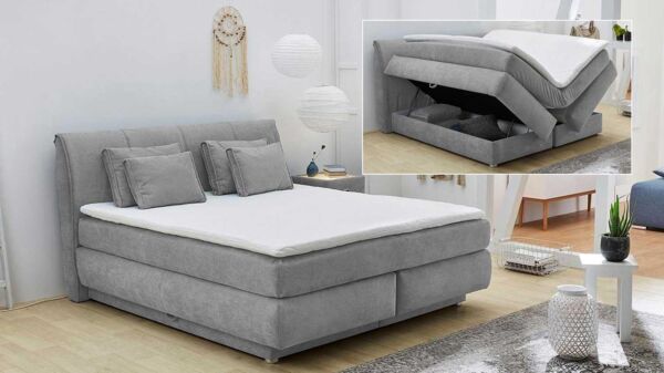 'Carla' Boxspringbett mit Bettkasten, grau, 180x200 cm