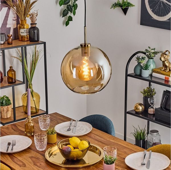 hofstein Hängeleuchte Hängelampe aus Metall/Glas in Schwarz/Gold-/Bernsteinfarben, Hängeleuchte im modernen Retro/Vintage-Design (30 cm), E27