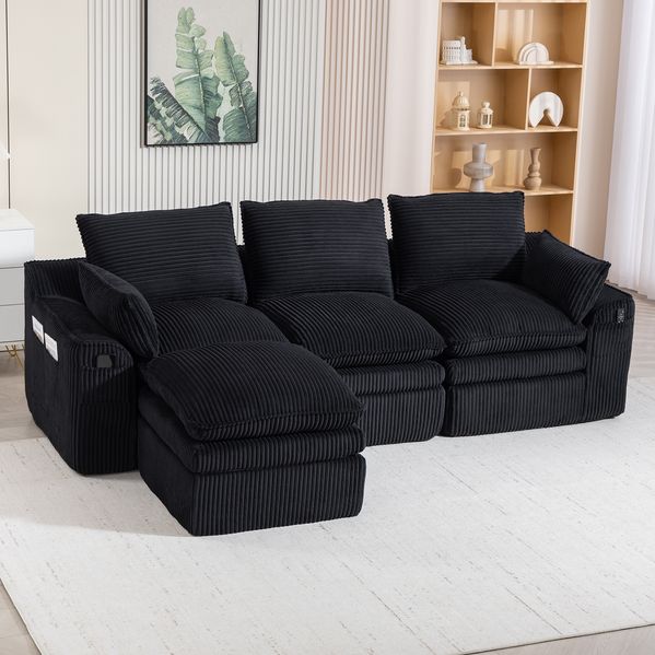 Modulares 3-Sitzer-Cordsofa mit Hocker und Seitentaschen 263 x 167 x 85 cm – schwarzes Sofa aus Cord