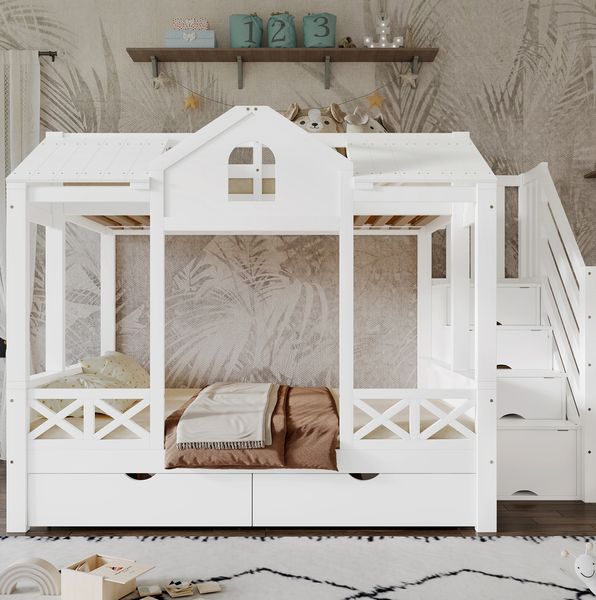 Etagenbett mit Spielhaus-Design in Weiß, 140x200 cm & 90x200 cm, ohne Matratze