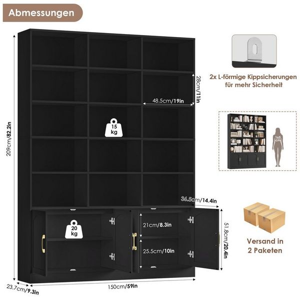 Homfa Bücherregal 209cm Bücherschrank Hochschrank Raumteiler Standregal, mit 15 offenen Fächern und 4 Türen, Holz, 150x23,7x209 cm, Schwarz