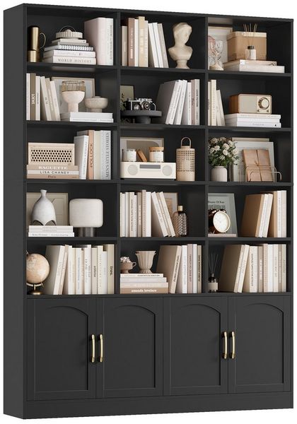 Homfa Bücherregal 209cm Bücherschrank Hochschrank Raumteiler Standregal, mit 15 offenen Fächern und 4 Türen, Holz, 150x23,7x209 cm, Schwarz