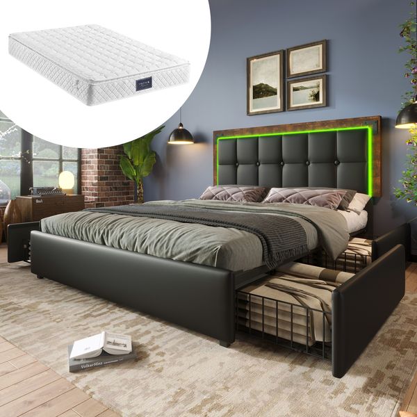 Polsterbett 160×200 cm mit LED und 4 Schubladen, höhenverstellbarem Kopfteil, Schwarz, mit Matratze