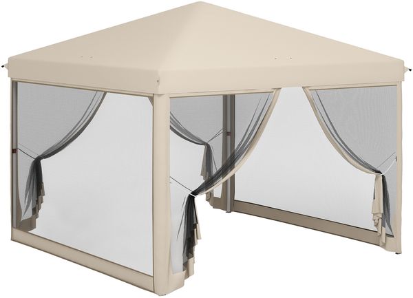 3x3 m Gartenpavillon mit UV-beständigen Moskitonetzen, Stahlrahmen und Tragetasche für Terrasse, Balkon und Partys (beige)