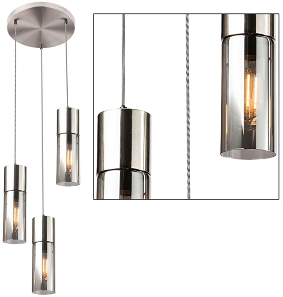 Hängelampe, Metall, Rauchglas, 3-flammig, schwarz, H 150 cm