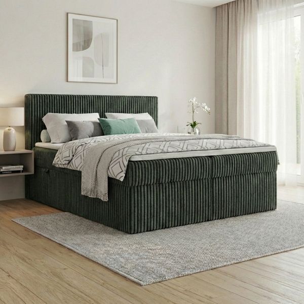 Boxspringbett RALF 160 x 200 cm mit Bettkasten, Topper und gepolstertem Kopfteil. Farbe: Grün, Härtegraden: H4 , Topper: Visco-Topper