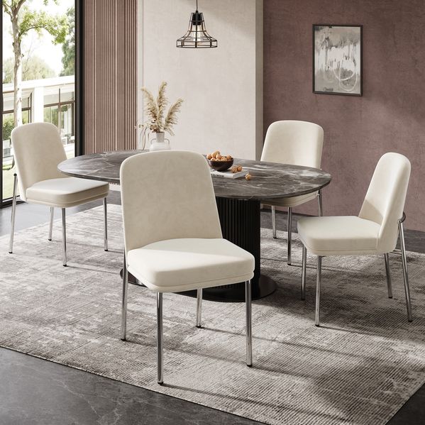 Esszimmerstühle 4er Set 82cm×48cm×53cm mit gepolsterter Sitzfläche – Samt in Beige und Metallgestell in Silber