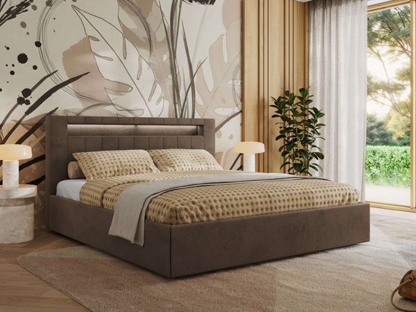 Polsterbett GOLD 5 CLASSIC 200 x 200 cm mit LED-Beleuchtung & Bettkasten, Doppelbett inkl. Lattenrost, Metall-Lift-System & Stauraum, Pocket Matratze - Braun Velvet - VIRE LUX