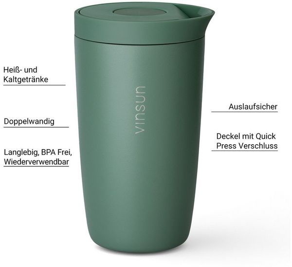 Vinsun Thermobecher Edelstahl Isolierbecher 350ml - Kaffeebecher to Go auslaufsicher, 2-tlg, Edelstahl, Doppelwandig, BPA frei, bruchfest, Einhandbedienung per Knopfdruck