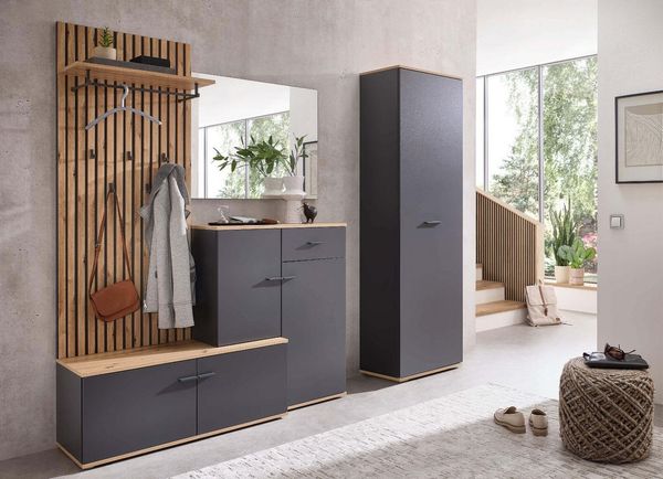moebel-dich-auf Garderoben-Set COMO, (Paneel + Schuhschrank + Spiegel + Hochschrank, in anthrazit oder weiß / Artisan Eiche Nb), 223 cm breit