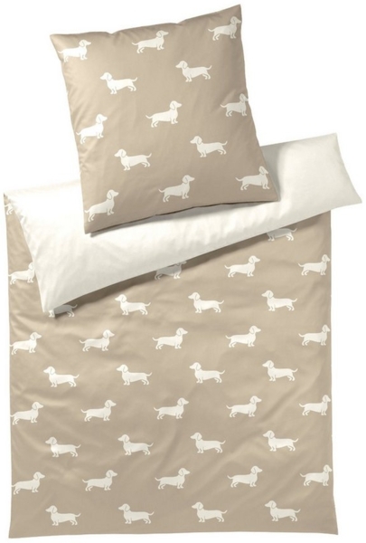 Elegante Mako Satin Bettwäsche Dogs 24540-7 Dackel Beige Creme 135x200