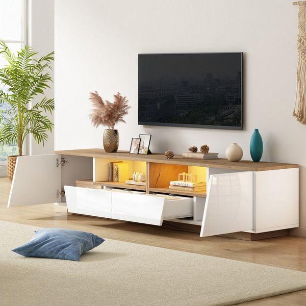 Merax Lowboard mit LED-Beleuchtung & Hochglanz-Front (perfekt für 75 Zoll TV, 1 St, 180x40x46 cm), TV-Schrank mit 2 Schubladen, 2 Schränke und halboffene Ablagefächer