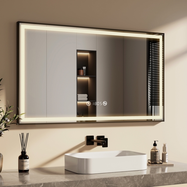 EMKE Badspiegel mit Beleuchtung 120x70cm Badspiegel Schwarzer Rand LED Badezimmerspiegel mit Touch, Antibeschlage, Uhr, Temperatur, Dimmbar, Memory-Funktion, Neutrale Beleuchtung Wandspiegel IP44