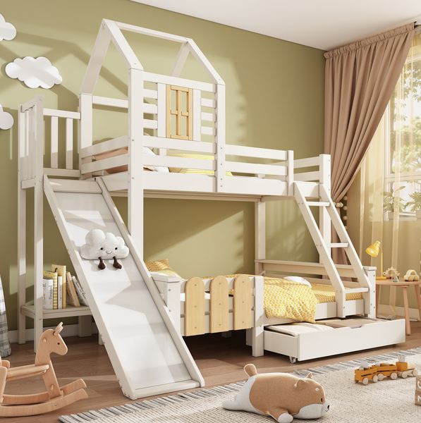 Etagenbett 90x200 & 140x200 cm mit Rutsche und Schublade – Hausbett in Weiß/Natur aus Massivholz und MDF