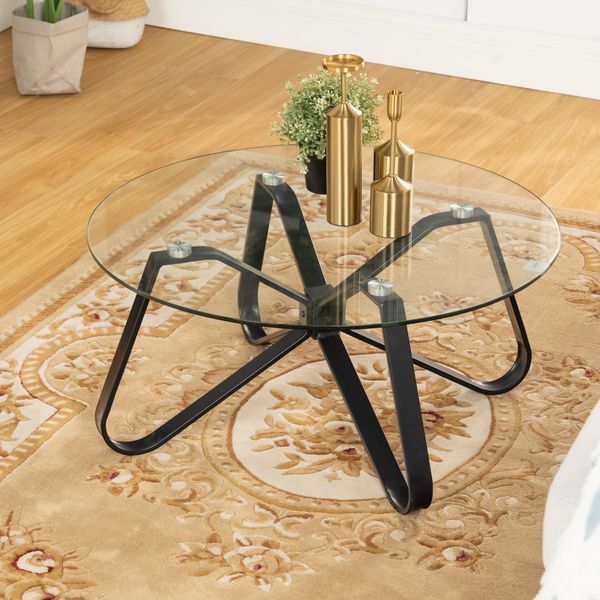 FurnitureR Wohnzimmertischmöbel, minimalistischer runder Tisch aus Hartglas mit glatten abgerundeten Kanten, Metall, für Haus, Wohnzimmer, Terrasse, Garten, 80 x 80 x 40 cm