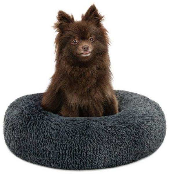 lionto Tierkissen Rundes Haustierbett in Donutform, Plüsch, dunkelgrau, mit Anti-Rutsch-Noppen, 40 cm Durchmesser