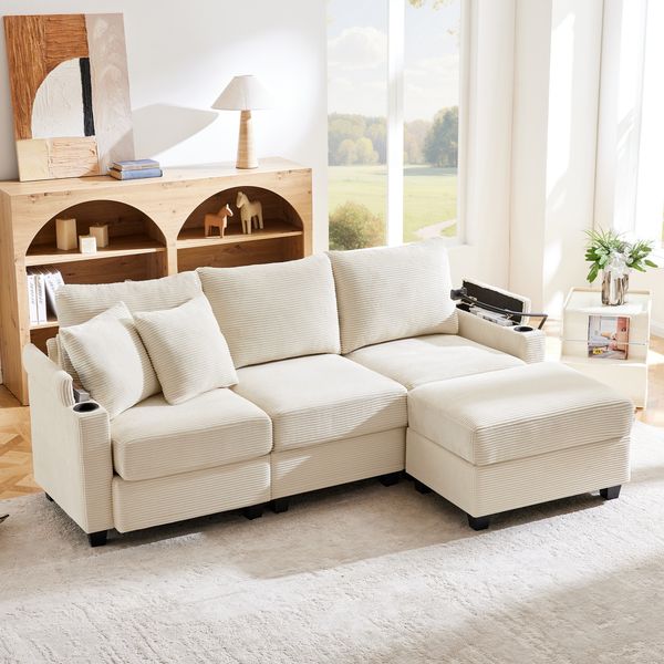 Ecksofa aus Cord mit Hocker, USB-Anschluss & Ablagen, 213,5 x 139 x 87 cm, Beige