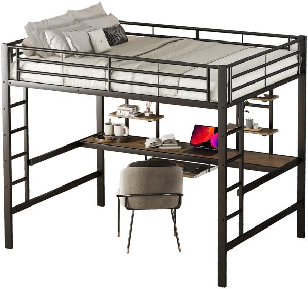 Merax Bettgestell Metallbett, Eisenbett, Hochbett mit Schreibtisch und zwei Bücherregalen für Kinder, Jugendliche und Erwachsene, 140x200cm, schwarz (Ohne Matratze)