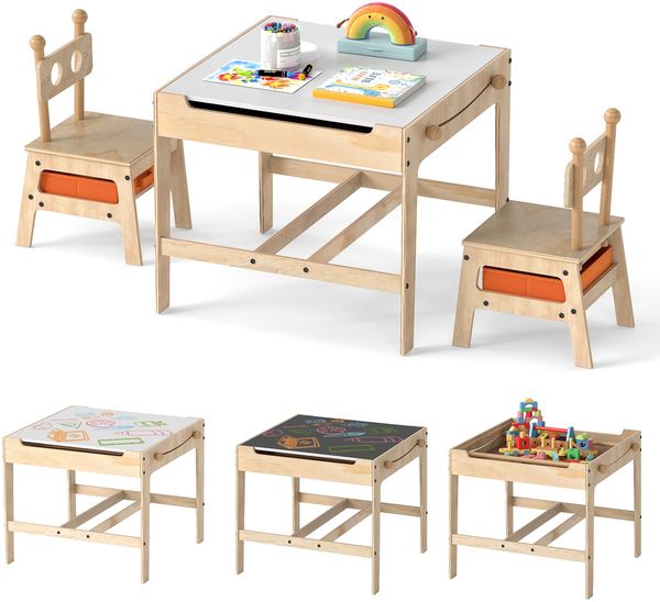 Kindertisch mit 2 Stühlen in Roboterform 4-in-1 Aktivitätstisch mit beidseitiger Weißwandtafel & Schultafel