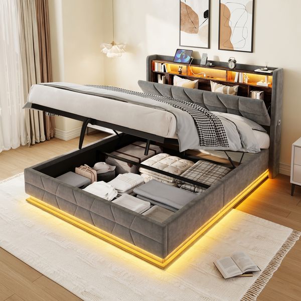 Flieks Doppelbett 160x200cm, Polsterbett multifunktional mit LED, offenen Regalen, Seitentaschen & USB-C-Ladestation, Stauraum-Kopfbrett, Dunkelgrau