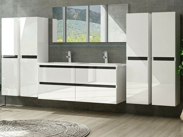 Homeline Badmöbel-Set Doppelwaschtisch Dennis New -D-4-xH doppelwaschtisch mit unterschrank, (7-St)