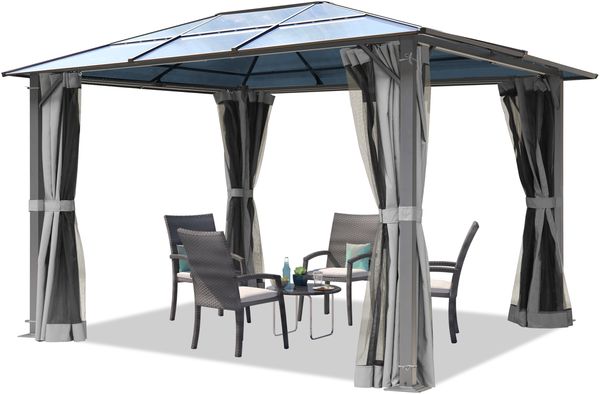 TOOLPORT Gartenpavillon 3x3,65 m Polycarbonat Dach ca. 6 mm - Hardtop Pavillon mit 4 Seitenteilen und Moskitonetzen in grau