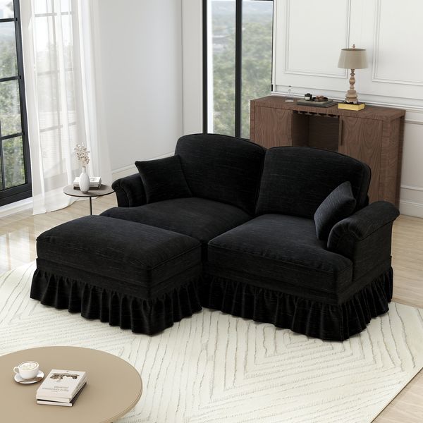 Ecksofa Chenille mit abnehmbarem Rüschenbezug & beweglichem Hocker, 140 x 194 x 93 cm, Schwarz