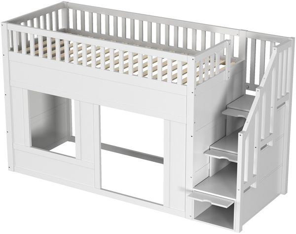 Merax Kinderbett, Etagenbett (90 x 200 cm), Hochbett, multifunktionales Kinderbett mit Treppenschrank, umbaubarer Spielraum darunter, ohne Matratze, Weiß Bild 8