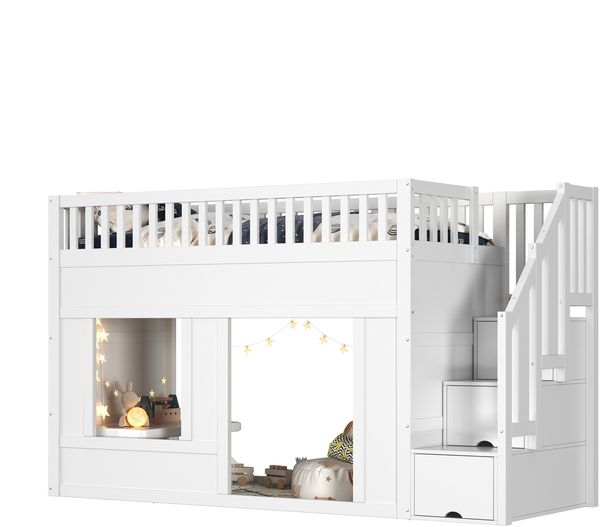 Merax Kinderbett, Etagenbett (90 x 200 cm), Hochbett, multifunktionales Kinderbett mit Treppenschrank, umbaubarer Spielraum darunter, ohne Matratze, Weiß Bild 10