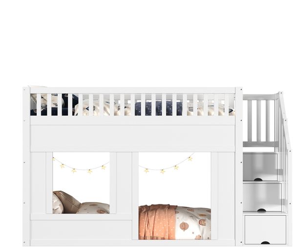 Merax Kinderbett, Etagenbett (90 x 200 cm), Hochbett, multifunktionales Kinderbett mit Treppenschrank, umbaubarer Spielraum darunter, ohne Matratze, Weiß Bild 9