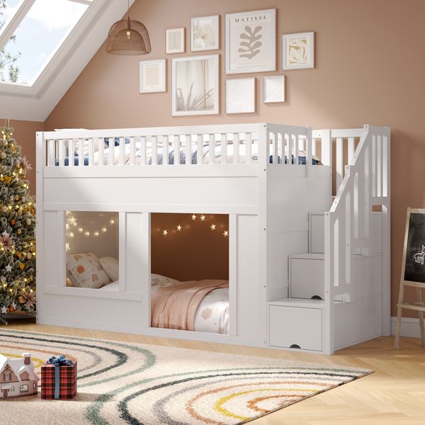 Merax Kinderbett, Etagenbett (90 x 200 cm), Hochbett, multifunktionales Kinderbett mit Treppenschrank, umbaubarer Spielraum darunter, ohne Matratze, Weiß