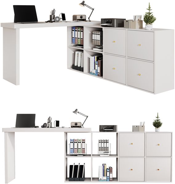 Flieks rechter Ecke 360° Drehschreibtisch, L Eckschreibtisch mit Sideboard, 4 Fächern & 4 Schubladen, 120×48×78 cm + 140×35×73.5 cm, Weiß