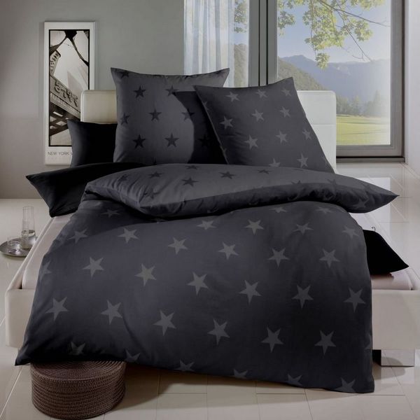Kaeppel Bettwäsche Biber Stars in vers. Größen zur Auswahl Design Sterne anthrazit grau, Feinbiber, 2 teilig, Wendebettwäsche aus 100% Baumwolle