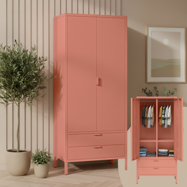 skølm 'Ituri' Kleiderschrank mit 2 Schubladen, Metall, 170x45x80 cm, terrakotta, Garderobe mit 4 Fächern und 2 Kleiderstangen