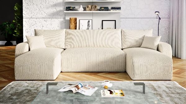 Wohnero24 Habana U Ecksofa 325x153 cm mit Schlaffunktion 281x133 cm – Große Wohnlandschaft U-Form – Sofa U mit Bettkasten – Cord Creme Couch XXL – Familien Sofa Modern
