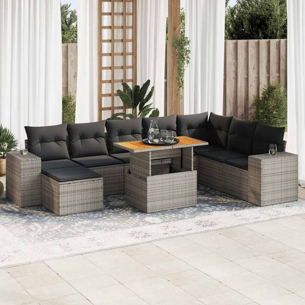 vidaXL 9-tlg. Garten-Sofagarnitur mit Kissen Grau Poly Rattan Akazie 3327413