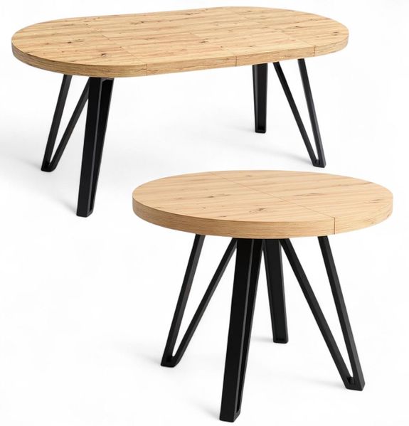 Esstisch Ausziehbar, Rund Ø110/210 cm Artisan Eiche, Massiver Tisch im Industrial-Stil mit Metallgestell