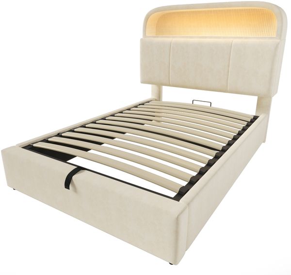 Polsterbett 90×200 cm mit höhenverstellbarem Stauraum-Kopfteil, LED & USB, Beige, inkl. Matratze Bild 7