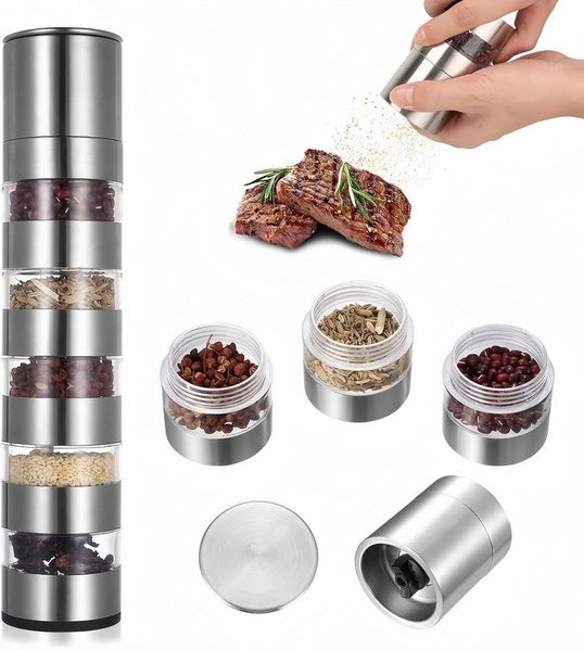 FOUORTUNATE-BEE Gewürzbehälter 5-in-1 Gewürzbehälter Set, kompakt für Reise & Camping, Mini Gewürzstreuer Set, praktisch für unterwegs & Outdoor