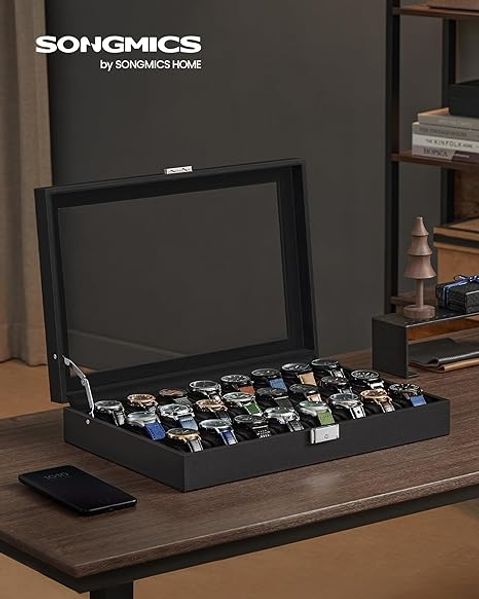 SONGMICS Uhrenbox, abschließbarer Uhrenkasten, Uhrenkoffer, Organizer für Uhren, mit 24 Fächern, Glasdeckel, Geschenk für die Liebsten, PU-Bezug in Tintenschwarz, Samtfutter in Tintenschwarz JWBDE024B02