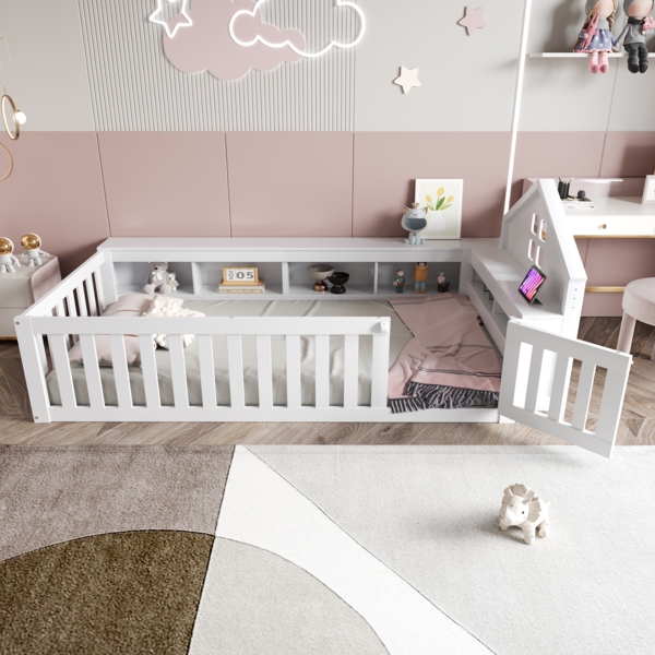 Weißes Kinderbett Mit Hausdach Design 90x200 Massivkiefer Sicherheitsbett Mit Staufächern Tür 120kg Tragkraft Montessori Spielbett