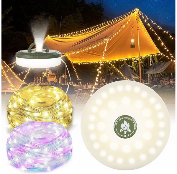 PRIISF Lichterkette Camping lichterkette Party, LED Camping Lichterkette Aufrollbar, Wiederaufladbar über USB, Tragbare Campinglampe für Camping, Garten